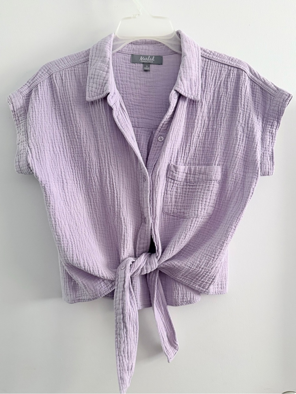 Marled Essentials Lavender Tie-Front Gauze Cotton Button-Down Shirt